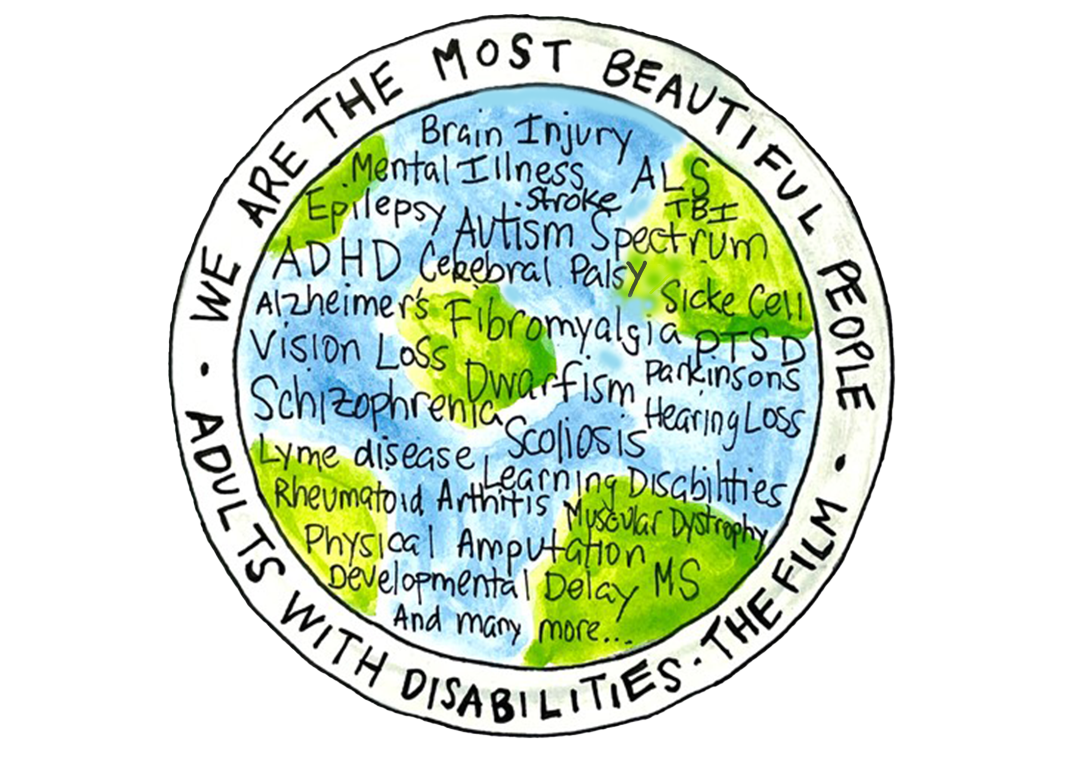 Logo. Round watercolor of the earth with handwritten disabilities in the circle.